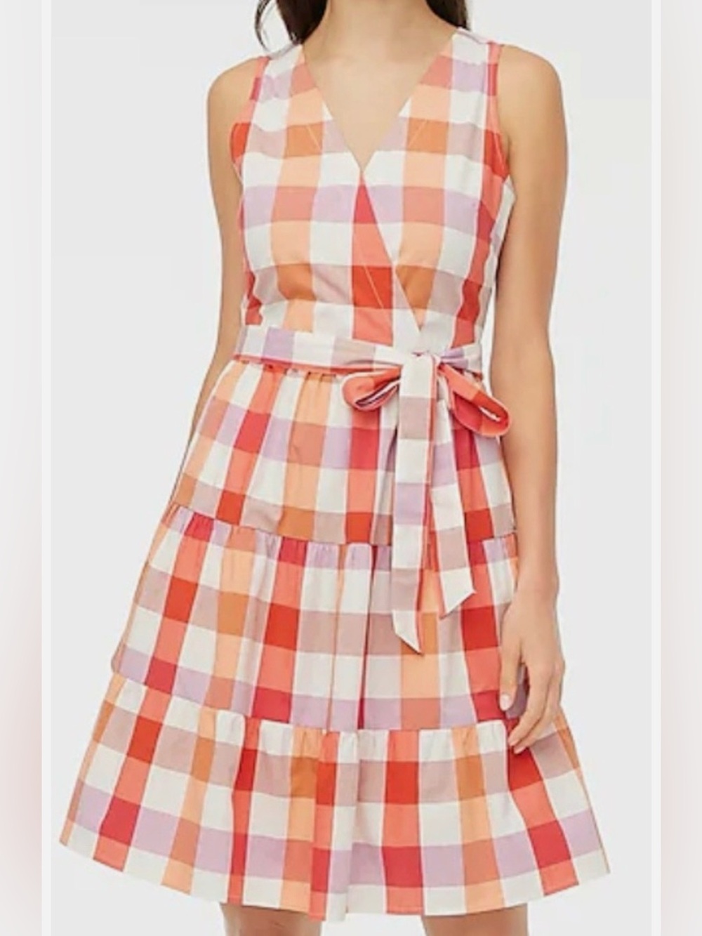 J Crew Fit & Flare Belted Tie Gingham Colorblock Sleeveless Summer Dress Sz 8 - Picture 2 of 9